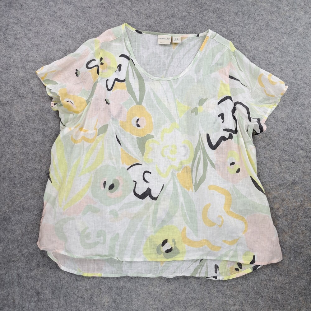 Rachel Zoe Shirt Womens Size 1X Plus White Floral Short Sleeve Linen Top